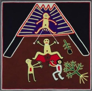 Parto rituale secondo gli Indios  Huicholes  del Messico Il padre (sopra) ha i testicoli legati ad una corda che la partoriente può tirare per condividere terapeuticamente il dolore. 