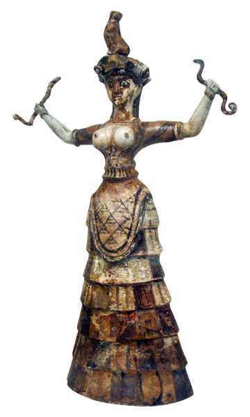 Minoan Snake Goddess  from Knossos, Crete c. 1600 BCE  faïence,  height 13 1/2 inches (34.3 cm)  (Archeological Museum, Herakleion)