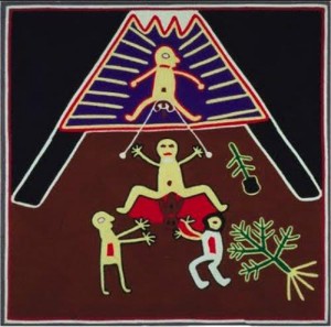 Parto rituale secondo gli Indios  Huicholes  del Messico Il padre (sopra) ha i testicoli legati ad una corda che la partoriente può tirare per condividere terapeuticamente il dolore.